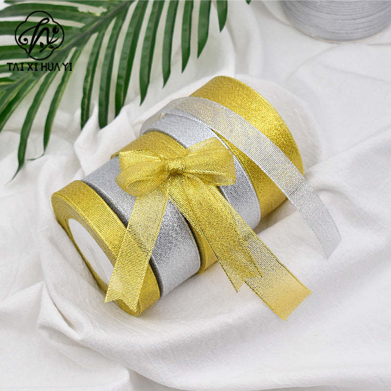 Horizontal striped gold-edged gold, silver, and scallion colored webbing, handmade DIY polyester fresh flower gift packaging ribbon, in stock, wholesale ribbon รูปสินค้าหลัก