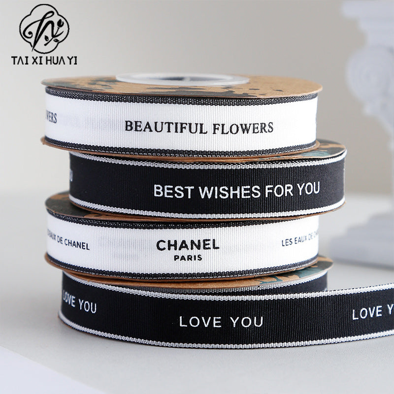 New Bouquet Ribbon Printed English Ribbon Threaded Cotton Strap Flower Packaging Gift Bundle Bow Bouquet Strap