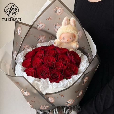 Labubu Magic Edge Heart Bow Korean Fresh Flower Bouquet Wrapping Paper Cartoon Doll Floral Materials Packaging