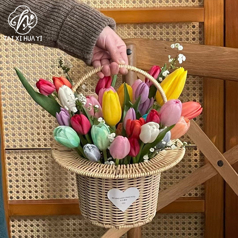 Reinforced integrated handle straw hat top hat flower basket flower arrangement basket fresh bouquet packaging DIY handmade floral materials