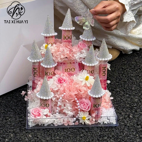 Internet-famous castle small pointed hat with money flower flower sparkling rhinestone pearl edges pointed top hat handmade fresh flower gift box floral accessory materials
