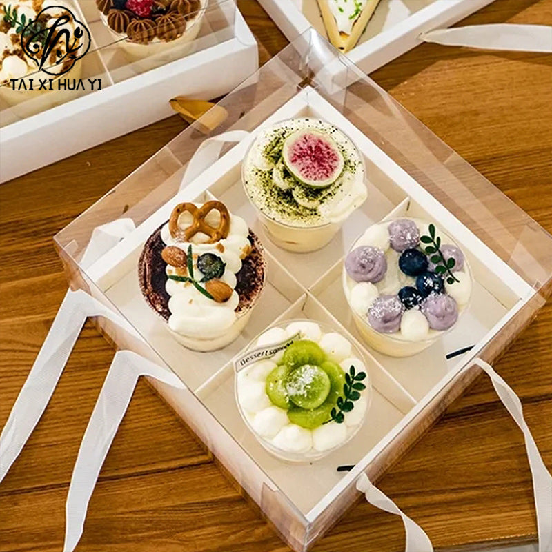 Portable Flower Cake Gift Box Transparent 6 Gongge Dessert Baking Packing Box 4 Gongge Mousse Cup Puff Cake Box รูปสินค้ารอง