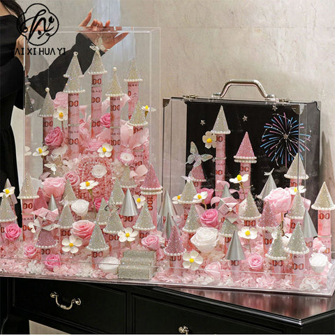 Internet-famous castle small pointed hat with money flower flower sparkling rhinestone pearl edges pointed top hat handmade fresh flower gift box floral accessory materials