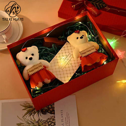 Customized Portable Pink Square Paper Gift Box with UV Coating Bow Mug Set Pen Wine Lid