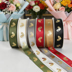 Gold Foil Heart Satin Ribbon Roll DIY Polyester Valentine's Day Christmas Gift Decoration Baking Flower Packaging
