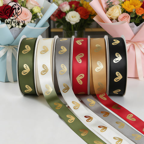 Gold Foil Heart Satin Ribbon Roll DIY Polyester Valentine's Day Christmas Gift Decoration Baking Flower Packaging