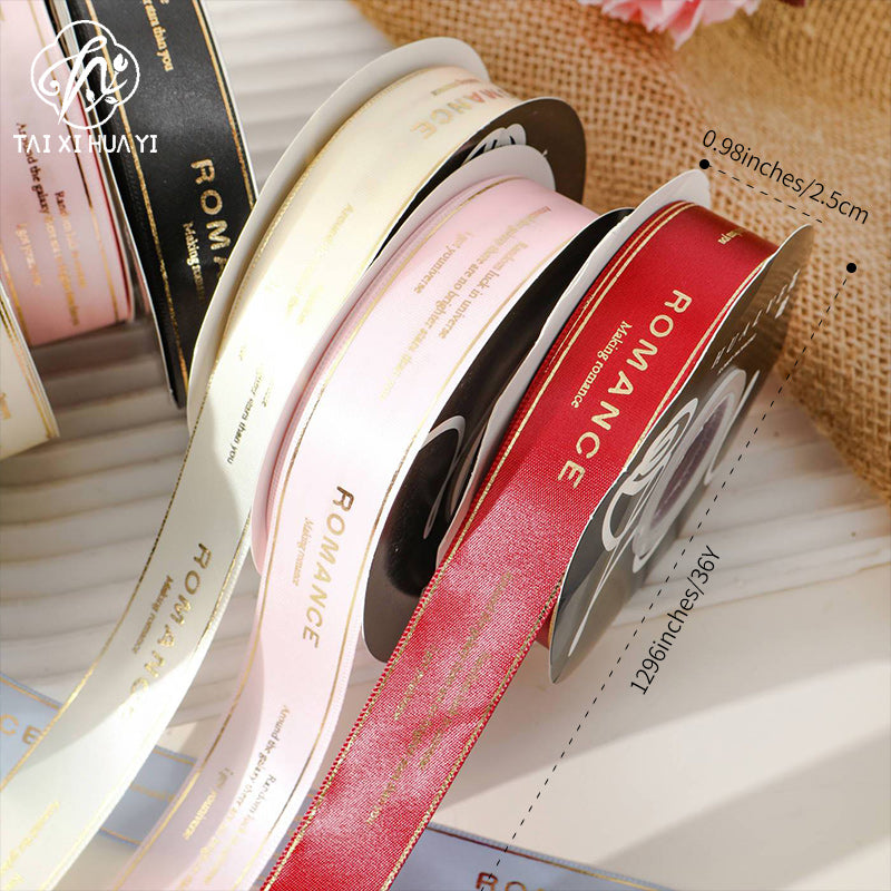 2.5cm English gold-foil ribbon, romantic love words, floral butterfly bouquet, ribbon, gift cake box, ribbon