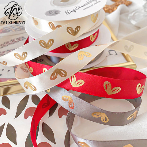 Gold Foil Heart Satin Ribbon Roll DIY Polyester Valentine's Day Christmas Gift Decoration Baking Flower Packaging