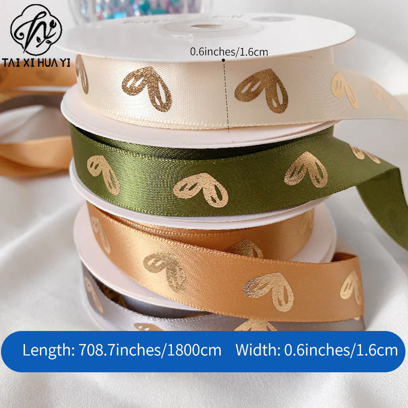 Gold Foil Heart Satin Ribbon Roll DIY Polyester Valentine's Day Christmas Gift Decoration Baking Flower Packaging