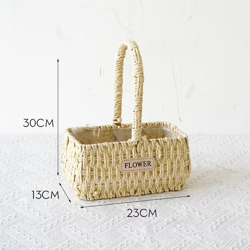 Woven Flower Basket with Paper Rope Handle for Mother's Day Party Wedding Easter Decor Wooden Gift Basket for Festive Occasions