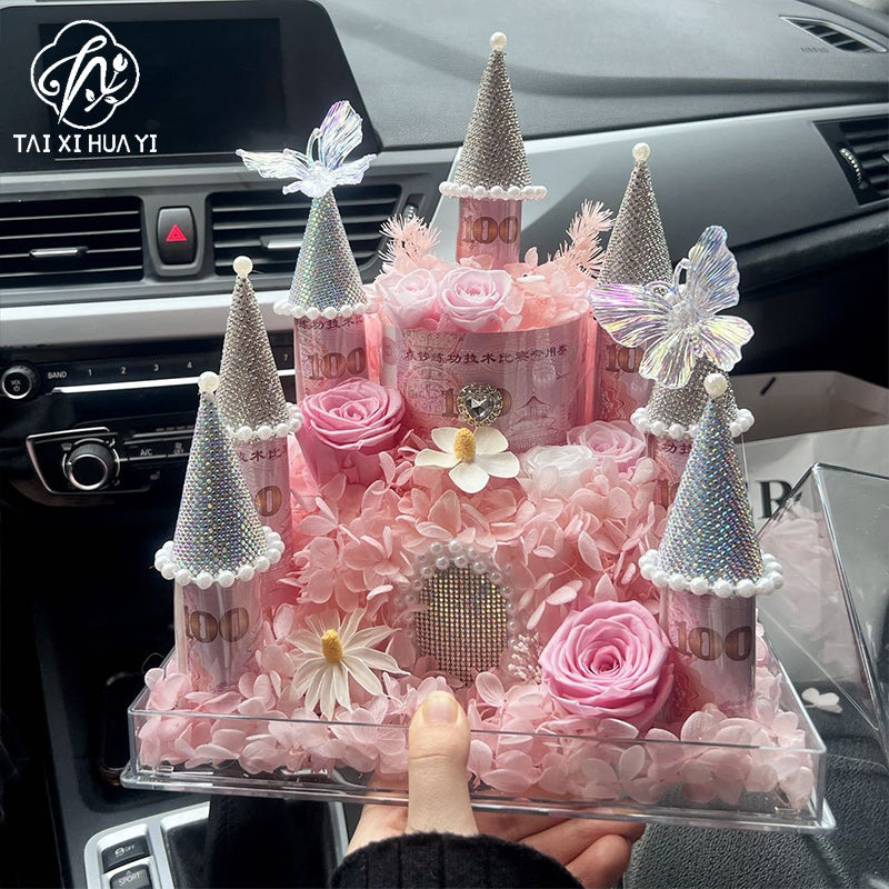 Internet-famous castle small pointed hat with money flower flower sparkling rhinestone pearl edges pointed top hat handmade fresh flower gift box floral accessory materials