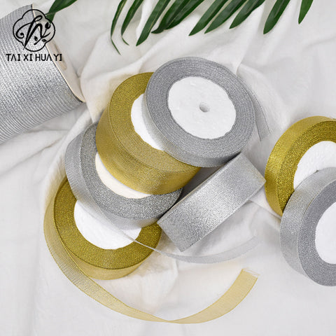 Horizontal striped gold-edged gold, silver, and scallion colored webbing, handmade DIY polyester fresh flower gift packaging ribbon, in stock, wholesale ribbon