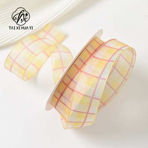 Small fresh two-color plaid yarn strap tied bouquet packaging yarn strap flower shop DIY ribbon ribbon floral materials wholesale 1