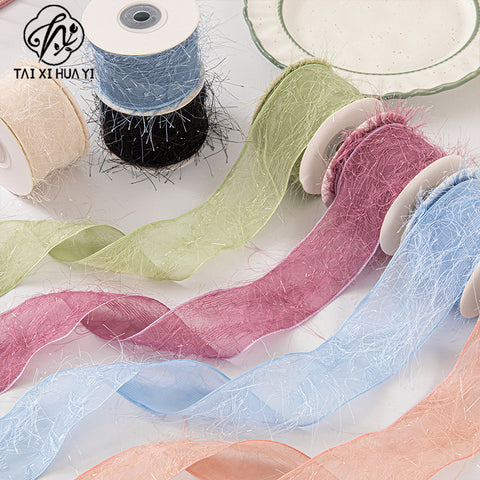 Korean thousand silk yarn with fringed chiffon yarn with burr edge yarn with girls bow headgear straw hat clothing accessories