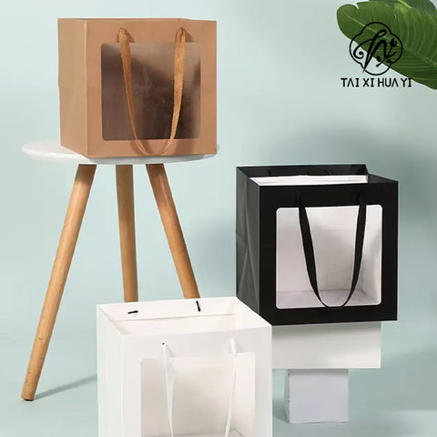Recyclable Eco-friendly Art Gift Bags Clear PVC Window Paper Box for Flowers Dolls Toys Christmas Thank You Presents
