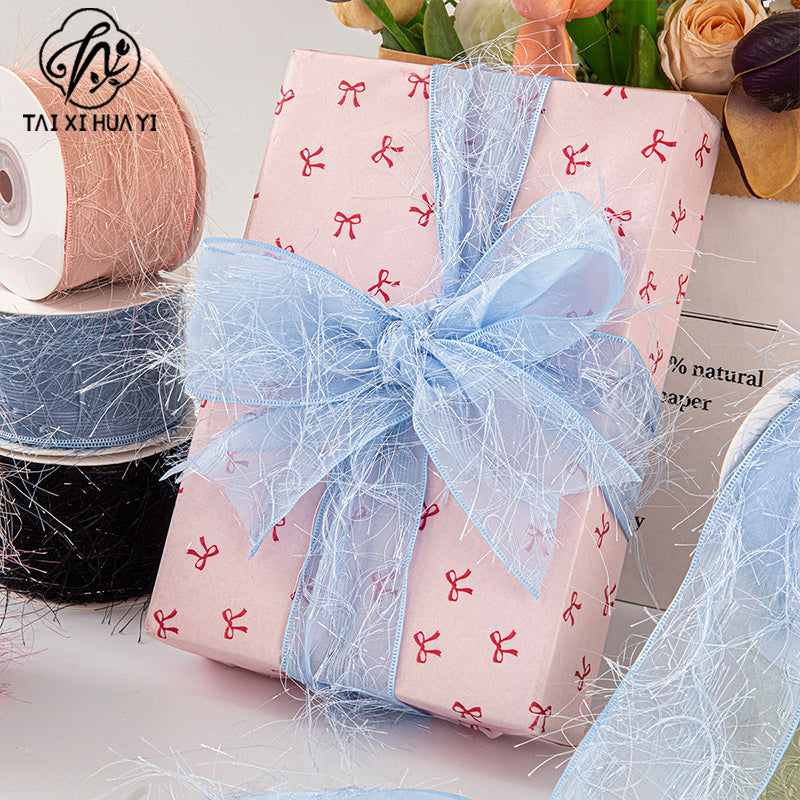 Korean thousand silk yarn with fringed chiffon yarn with burr edge yarn with girls bow headgear straw hat clothing accessories