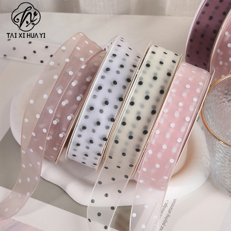 Spot 2.5cm star yarn with flower packaging ribbon polka dot snow yarn webbing bouquet bow ribbon รูปสินค้ารอง