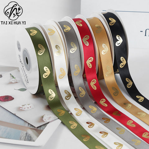 Gold Foil Heart Satin Ribbon Roll DIY Polyester Valentine's Day Christmas Gift Decoration Baking Flower Packaging
