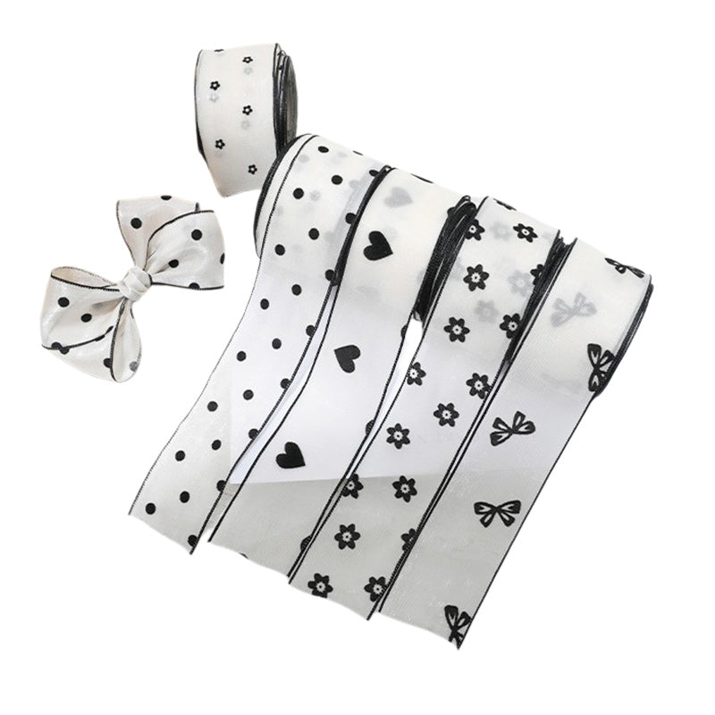 Flocking small flower bow polka dot yarn with hair accessories DIY handmade streamer polka dot black and white snow yarn with decorative streamer