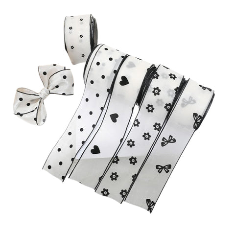 Flocking small flower bow polka dot yarn with hair accessories DIY handmade streamer polka dot black and white snow yarn with decorative streamer