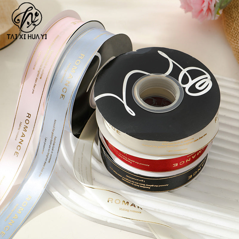 2.5cm English gold-foil ribbon, romantic love words, floral butterfly bouquet, ribbon, gift cake box, ribbon