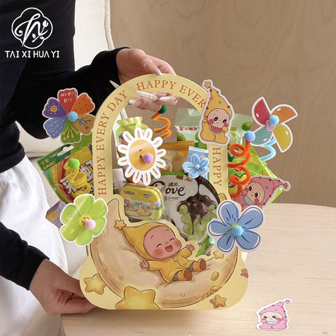 Children's Day cartoon portable box, flower hand holding flower arrangement box, handmade DIY snack candy gift packaging box