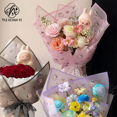 Labubu Magic Edge Heart Bow Korean Fresh Flower Bouquet Wrapping Paper Cartoon Doll Floral Materials Packaging