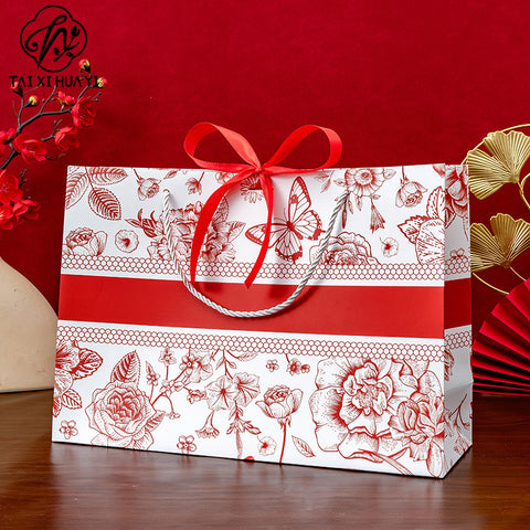 Gift bag, high-end retro color, tote bag, fashionable cross-border paper bag, gift bag, packaging bag can be printed with logo.