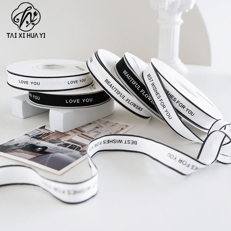 New Bouquet Ribbon Printed English Ribbon Threaded Cotton Strap Flower Packaging Gift Bundle Bow Bouquet Strap รูปสินค้ารอง
