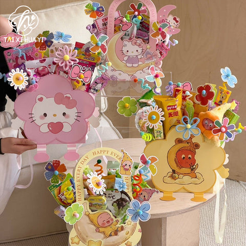 Children's Day cartoon portable box, flower hand holding flower arrangement box, handmade DIY snack candy gift packaging box