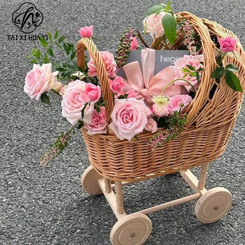 New rattan flower basket baby stroller flower basket flower arrangement flower decoration handmade DIY fruit basket materials