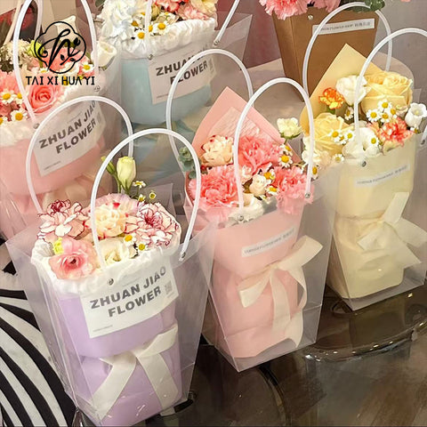 PVC Transparent Square Trapezoid Handle Packaging Bag Waterproof Plastic Storage for Festival Gifts Shrink Bag