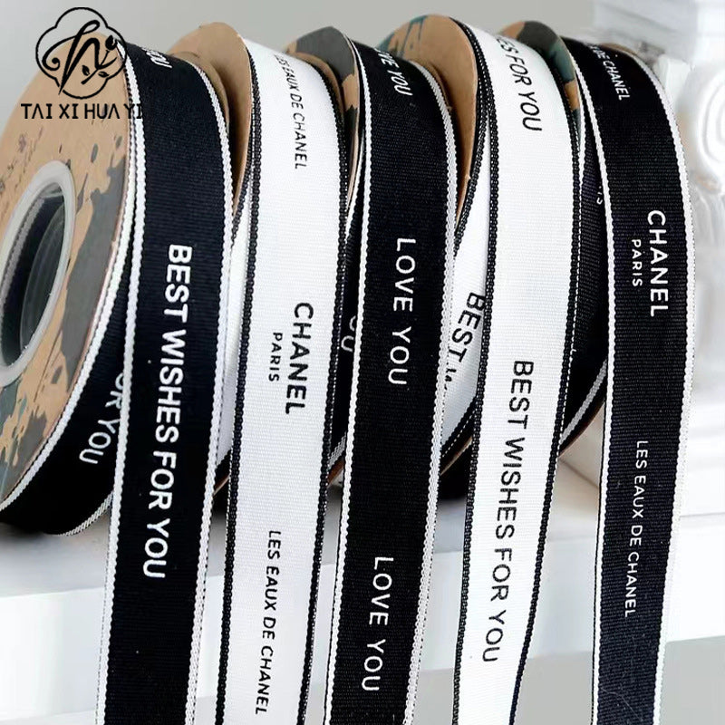New Bouquet Ribbon Printed English Ribbon Threaded Cotton Strap Flower Packaging Gift Bundle Bow Bouquet Strap รูปสินค้าหลัก