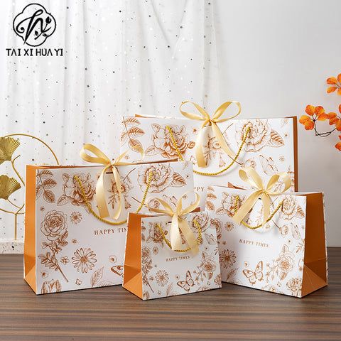Gift bag, high-end retro color, tote bag, fashionable cross-border paper bag, gift bag, packaging bag can be printed with logo.