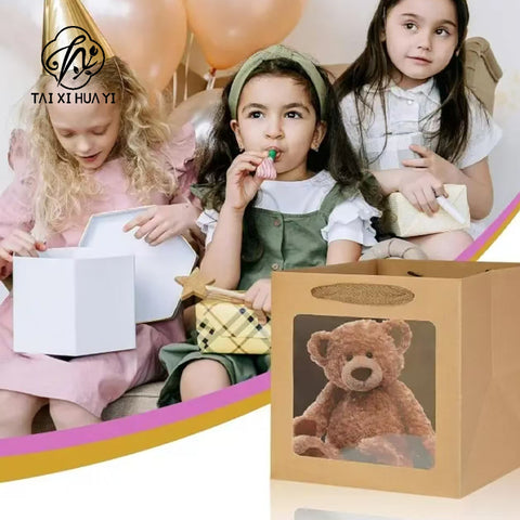 Recyclable Eco-friendly Art Gift Bags Clear PVC Window Paper Box for Flowers Dolls Toys Christmas Thank You Presents