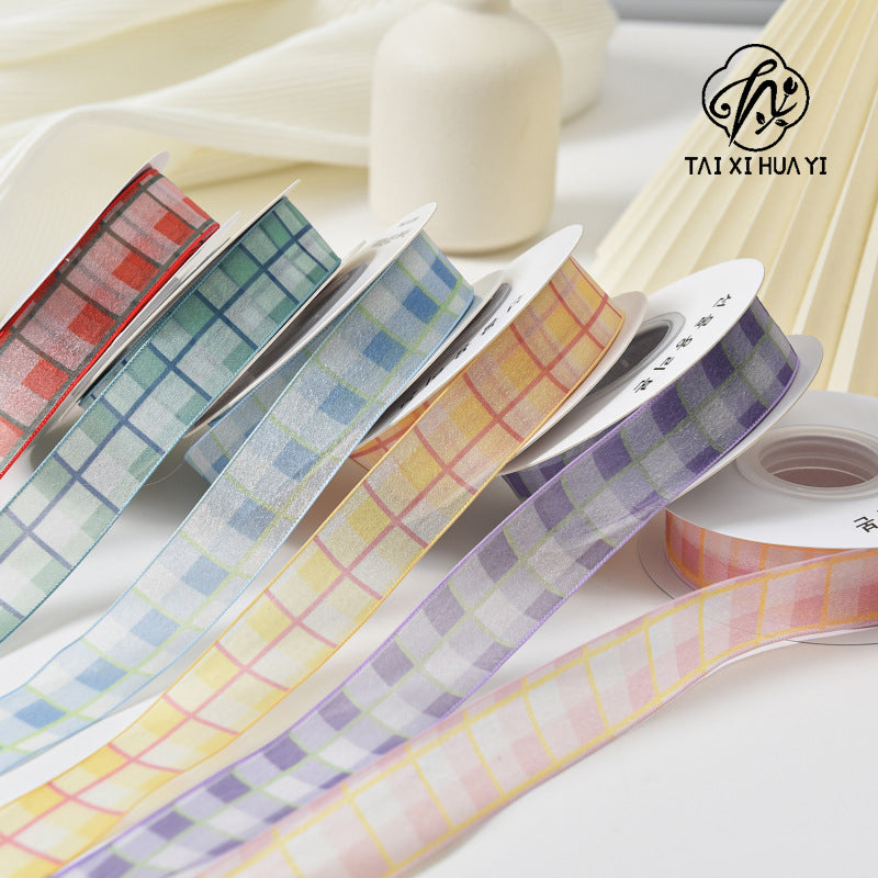 Small fresh two-color plaid yarn strap tied bouquet packaging yarn strap flower shop DIY ribbon ribbon floral materials wholesale 1 Main image