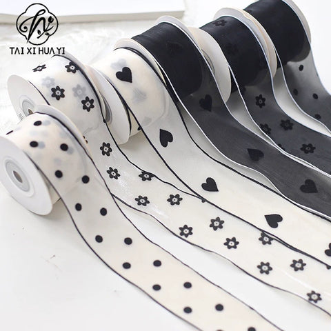 Flocking small flower bow polka dot yarn with hair accessories DIY handmade streamer polka dot black and white snow yarn with decorative streamer