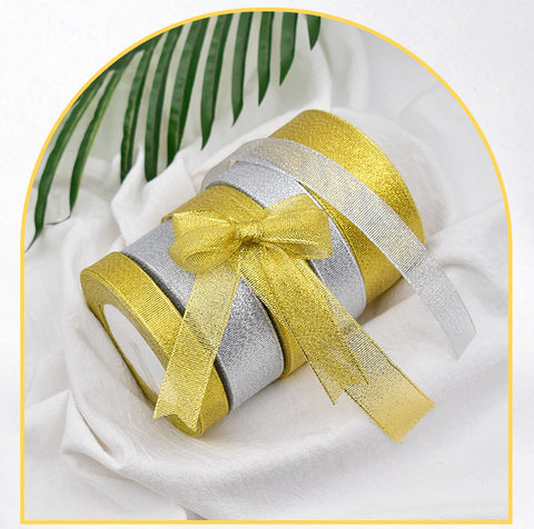 Horizontal striped gold-edged gold, silver, and scallion colored webbing, handmade DIY polyester fresh flower gift packaging ribbon, in stock, wholesale ribbon