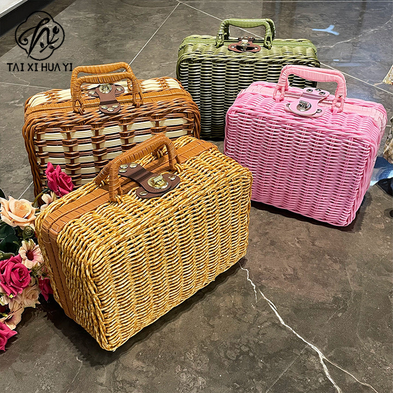 Rattan outdoor leisure picnic basket household PP imitation rattan retro suitcase storage props basket storage basket