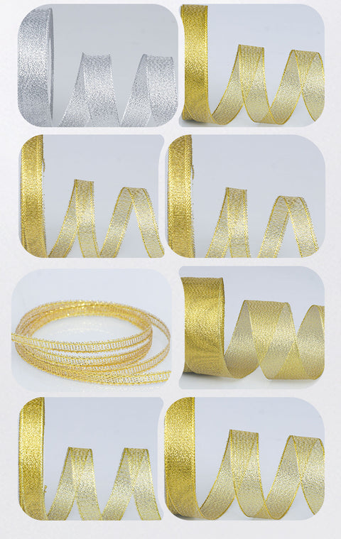 Horizontal striped gold-edged gold, silver, and scallion colored webbing, handmade DIY polyester fresh flower gift packaging ribbon, in stock, wholesale ribbon