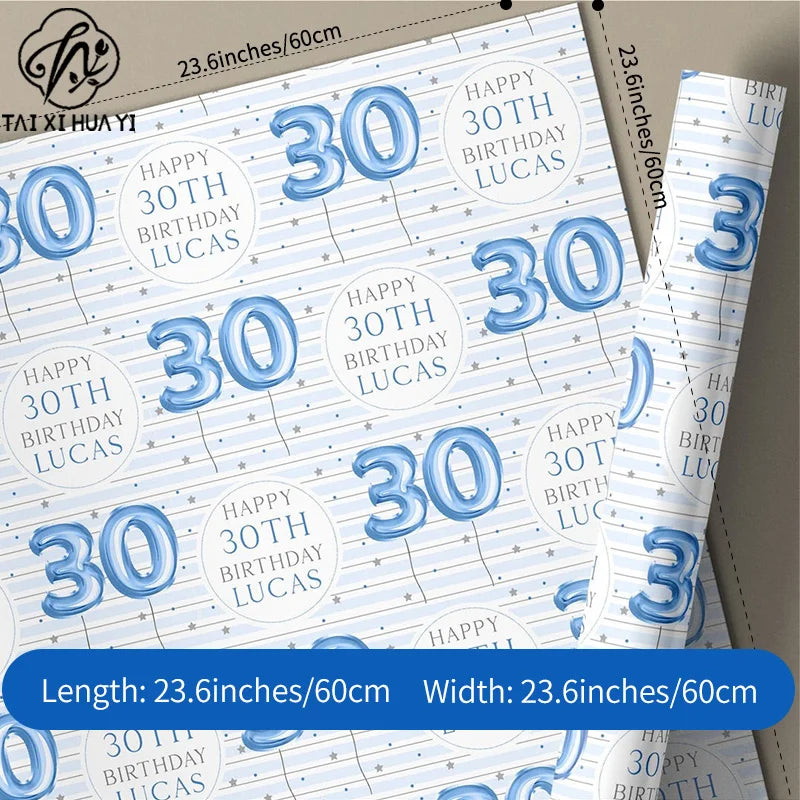 Personalized Eco-Friendly Art Paper Birthday Gift Wrap for Boys Custom Blue Design Any Age & Name