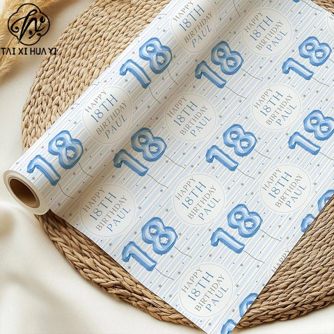 Personalized Eco-Friendly Art Paper Birthday Gift Wrap for Boys Custom Blue Design Any Age & Name