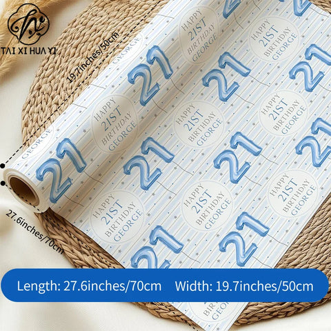 Personalized Eco-Friendly Art Paper Birthday Gift Wrap for Boys Custom Blue Design Any Age & Name