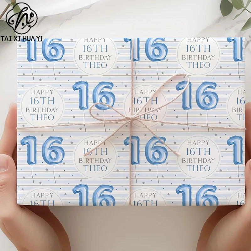 Personalized Eco-Friendly Art Paper Birthday Gift Wrap for Boys Custom Blue Design Any Age & Name รูปสินค้าหลัก