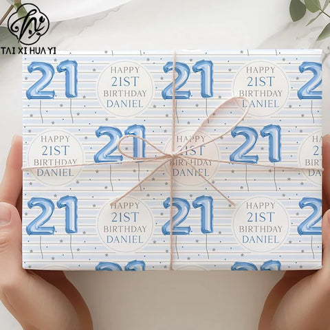 Personalized Eco-Friendly Art Paper Birthday Gift Wrap for Boys Custom Blue Design Any Age & Name