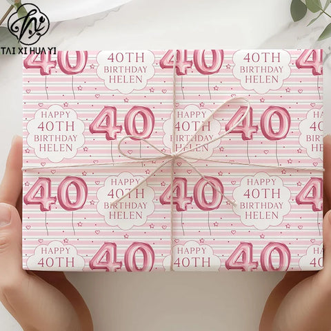 Personalized Eco-Friendly Art Paper Birthday Gift Wrap for Any Age & Name Custom Pink Design for Girls Party