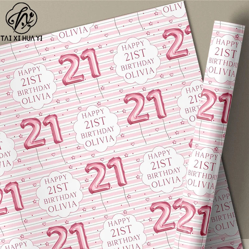 Personalized Eco-Friendly Art Paper Birthday Gift Wrap for Any Age & Name Custom Pink Design for Girls Party