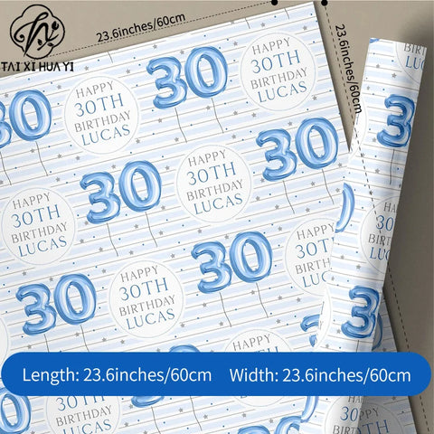Personalized Eco-Friendly Art Paper Birthday Gift Wrap for Boys Custom Blue Design Any Age & Name