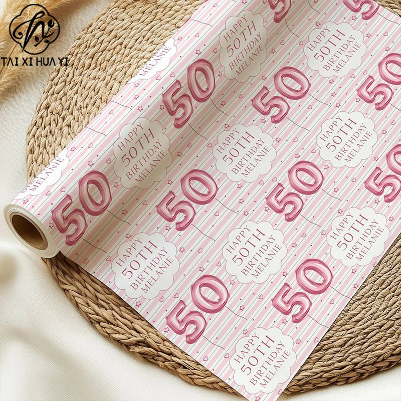 Personalized Eco-Friendly Art Paper Birthday Gift Wrap for Any Age & Name Custom Pink Design for Girls Party