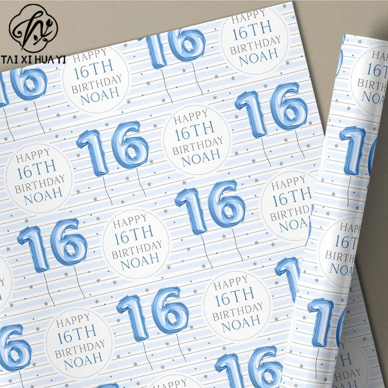 Personalized Eco-Friendly Art Paper Birthday Gift Wrap for Boys Custom Blue Design Any Age & Name